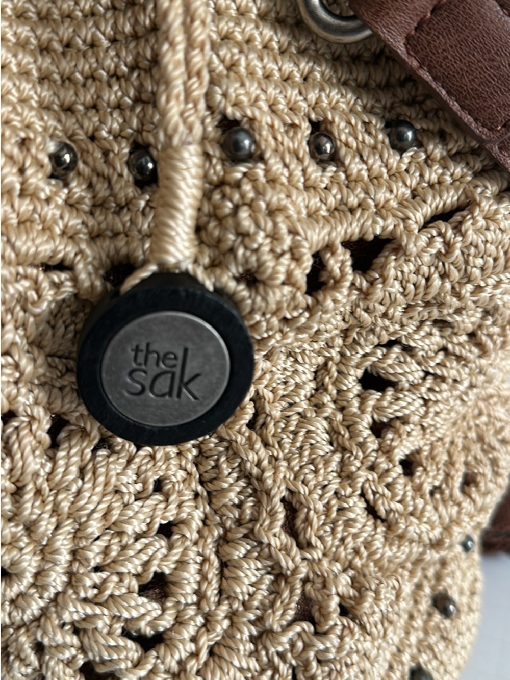 Handcrafted Sak Crochet Backpack - Beige with Brown Trim - Picture 5 of 9